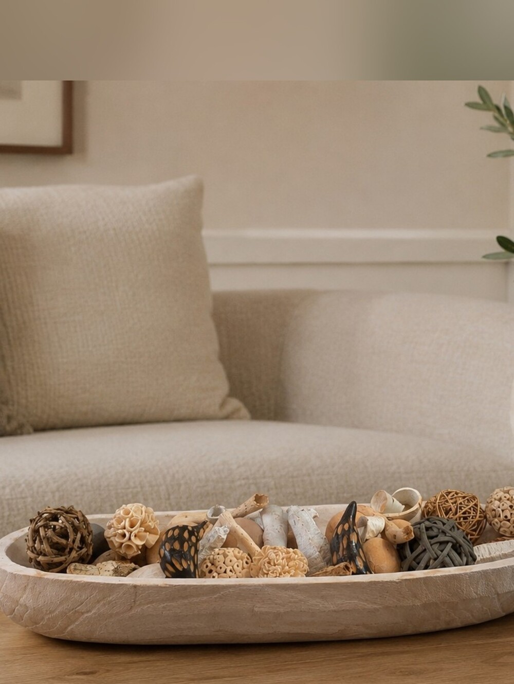 Large Decorative Wooden Dough Bowl Tray with Assorted Natural Accents